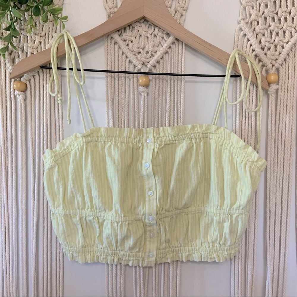 AERIE Woven Front Smocked Button 100% Cotton Tank Yellow Stripe Tie Strap Medium - Picture 3 of 12